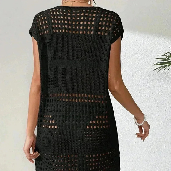 Black Boho Women's Swim Hollow Out Batwing Sleeve Cover Up Dress - Picture 2 of 5